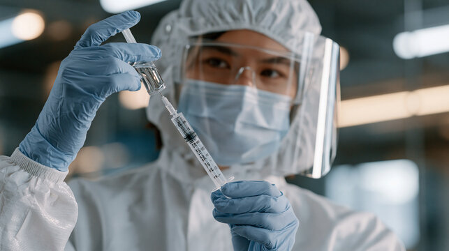 Pharmacy compounding technician in full protective gear and face shield carefully draws sterile solution into labeled syringe inside negative pressure cleanroom IV preparation suite, laminar airflow