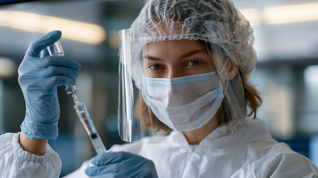 Pharmacy compounding technician in full protective gear and face shield carefully draws sterile solution into labeled syringe inside negative pressure cleanroom IV preparation suite, laminar airflow