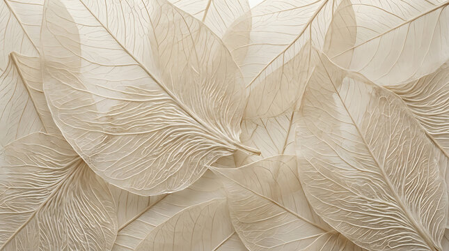 Delicate beige leaf skeletons arranged in a layered pattern, showcasing intricate vein structures