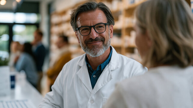 Mature male pharmacist stands at prescription counter explaining smoking cessation nicotine patch application to middle aged woman customer, printed cessation timeline visible on counter, other cust