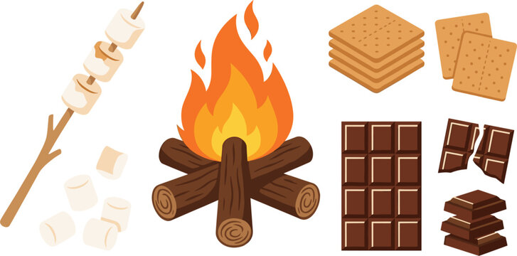 Large set of bonfire campfire with roasted marshmallows, chocolate bars and crackers for s'mores dessert design