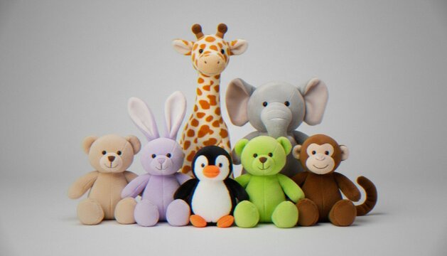A group of colorful plush stuffed animal toys standing together against a plain grey studio background.