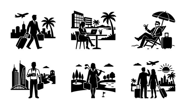 Business Travel Icons Set, Corporate Vacation Vector Graphics, Cityscape Holiday Silhouettes, Professional Leisure Collection