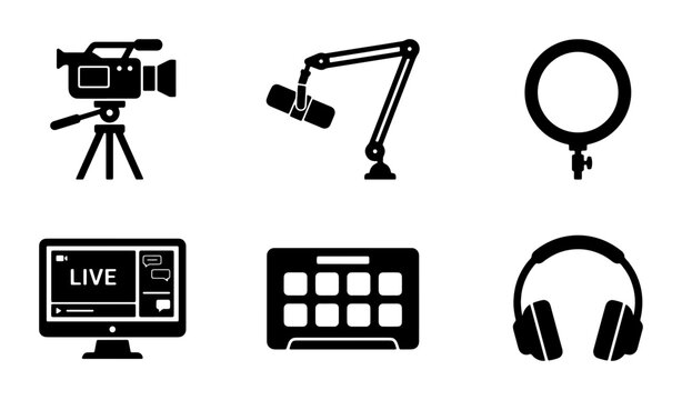 Video Production and Streaming Icons: Camera, Microphone, Ring Light, Live Broadcast Monitor, Tablet, Headphones - Vector Set