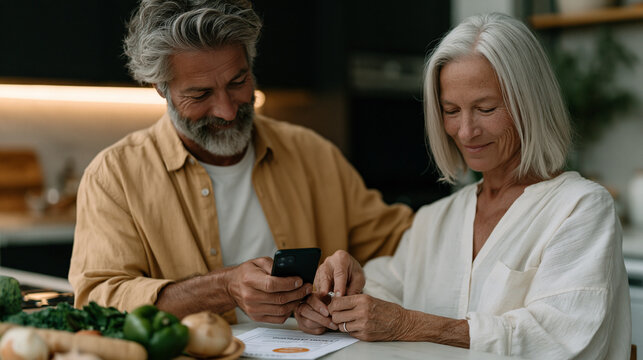Couple dynamic unfolds as a husband guides his wife through attaching a continuous glucose remote monitoring sensor in a modern kitchen, a connected health application confirming real-time interstit