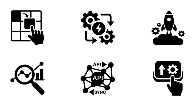 Modern Technology Icons Set: Data Analytics, API Integration, Startup Launch, Workflow Automation, User Interface Interaction, and System Management