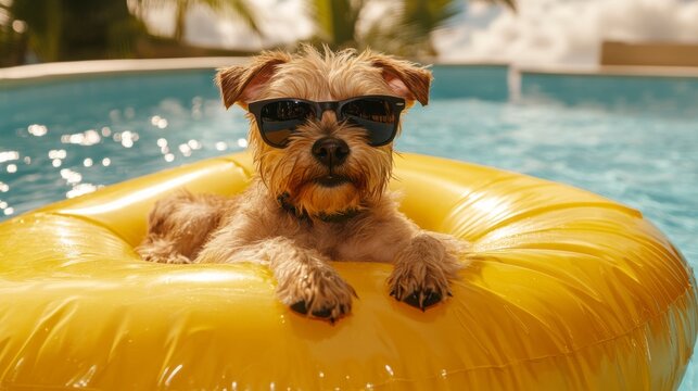 Cute dog wearing sunglasses floats on yellow inflatable ring in swimming pool. (1)