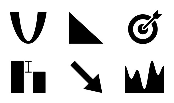 Business Growth Icons: Parabola, Triangle, Target, Bar Chart, Down Arrow, Graph, Vector Set for Analytics and Strategy