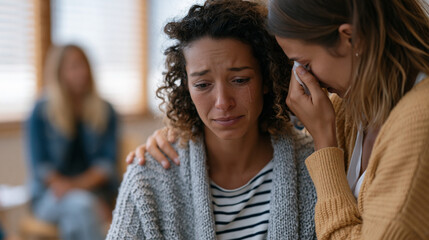 Fototapeta premium Candid unposed moment in an eating disorder outpatient group, a participant wiping a tear while a peer leans over to place a hand on her shoulder, the therapist sitting quietly across the circle in 