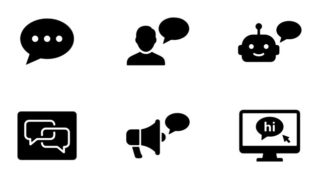 Communication and Chat Icons Set: Speech Bubbles, Bot, Megaphone, Computer Dialog, Human Conversation Symbols