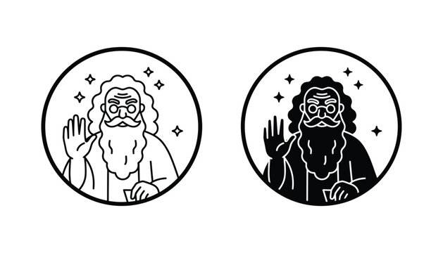 Wizard character head portrait icon set with stars and magic aura in line art and solid black silhouette for fantasy gaming or mystical branding