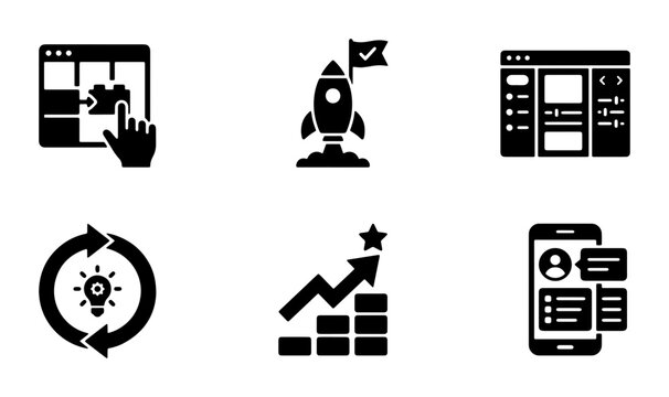 Business Growth Icons: Startup Rocket, Analytics Chart, Workflow Cycle, User Profile Mobile App, Web Design Layouts, Vector Set
