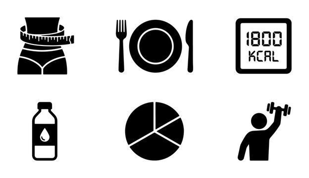 Diet and Fitness Icons: Calorie Counter, Weight Loss, Healthy Eating, Exercise, Hydration, Data Visualization Vector Set