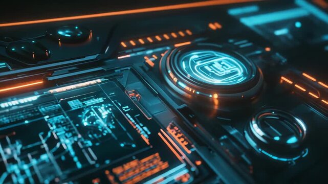 Digital user interface displaying intricate data, glowing lines, and interactive elements on a modern control panel, representing innovative concepts and cybernetic design