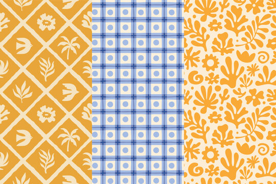 Vector hand drawn seamless patterns set in naive abstract art style with sketchy wavy and groovy shapes, flowers, dopamine cottage core aesthetic, summer backgrounds, surface print design