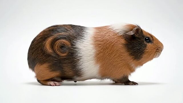 Cute tri-colored guinea pig posing against a white backdrop, side view