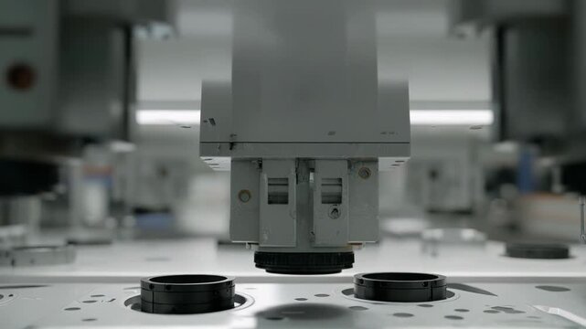 Robotic industrial machine performing a high precision manufacturing or assembly task, moving components on an automated production line in a clean factory environment