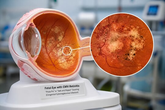 Detailed anatomical model of a fetal eye showing cmv retinitis with retinal necrosis and inflammation, representing congenital cytomegalovirus eye disease