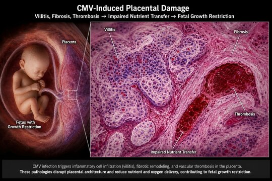 Medical illustration showing cytomegalovirus damaging the placenta, leading to intrauterine growth restriction (iugr), representing congenital cmv complications