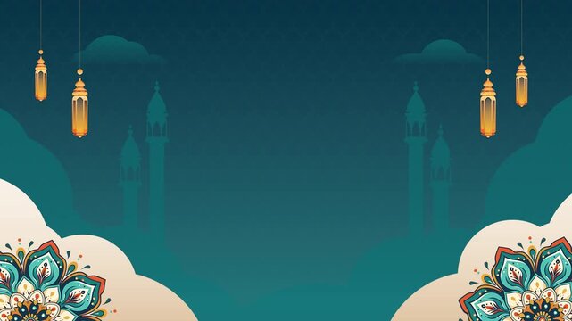 A modern Islamic background with an elegant blue color theme and subtle swirling mandala ornaments. Background with empty space.