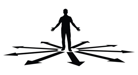 A silhouetted figure stands amidst radiating directional arrows © SHYFUL_STUDIO