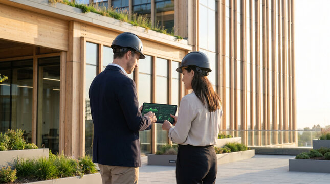 Two architects in hard hats stand before floor-to-ceiling glass curtain wall of mass timber office building, reviewing sustainability scorec 2