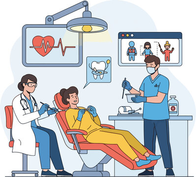 Dentist and nurse attending to a patient in a dental clinic with a virtual consultation on screen