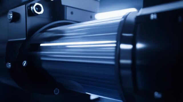 Industrial machinery machining a polished steel cylinder in a modern automated factory, showcasing precision engineering, high tech production processes and efficient metalworking motion