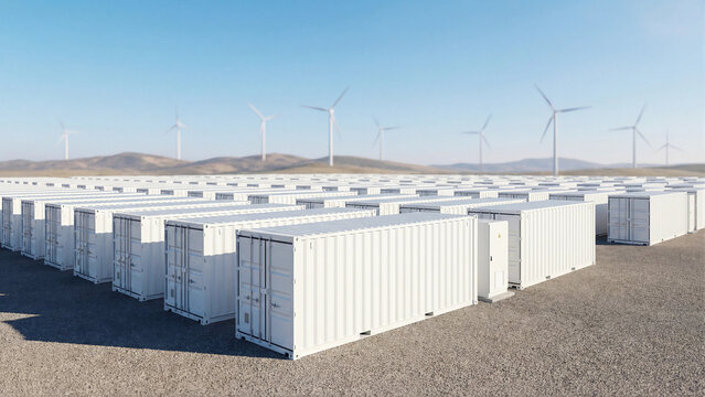 Battery energy storage system with white container units and wind turbines in background sustainable renewable power station industrial grid scale BESS technology clean energy farm concept