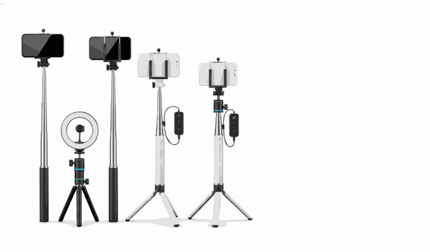Realistic mobile selfie stick and tripod mockup vector illustration set