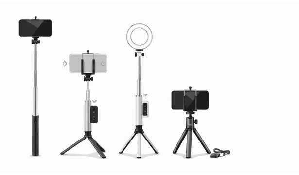 Adjustable selfie stick and video blogging monopod realistic vector set