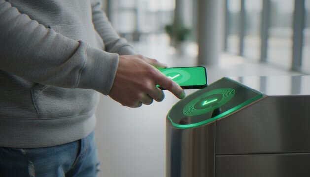 A person using a smartphone with NFC technology to gain access through a secure turnstile gate in a modern office building.