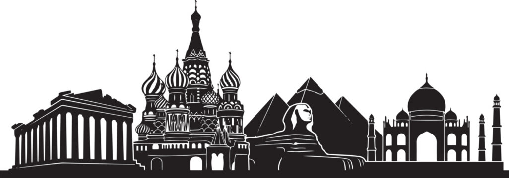Black silhouette vector illustration of world famous landmarks featuring Parthenon, Saint Basil Cathedral, Great Sphinx, Pyramids of Giza, and Taj Mahal icon.