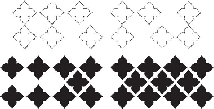 Collection of black and white Islamic quatrefoil geometric pattern elements featuring traditional Moroccan floral tile silhouettes and line art for creative designs.