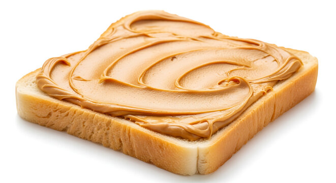 A single slice of white bread thick with creamy peanut butter swirls isolated on a clean white background.