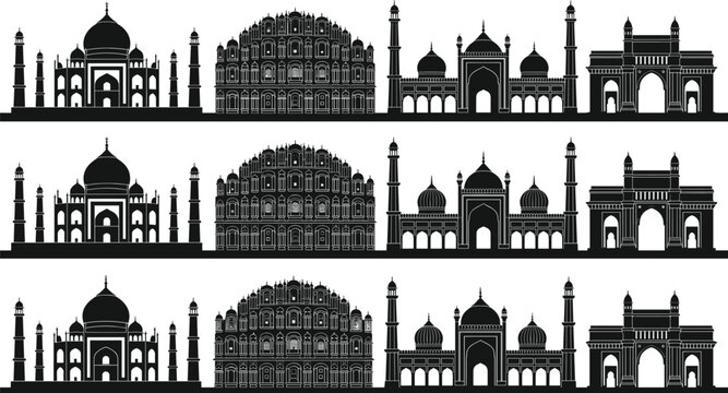 Detailed black silhouette illustration of famous Indian landmarks including Taj Mahal Hawa Mahal and Gateway of India isolated on white background vector.
