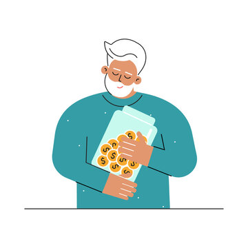 Vector flat concept with caucasian senior man. Persom care about future pension and retirement. Plan to save money and invest it in funds. Old man hugs glass jar with dollars coins