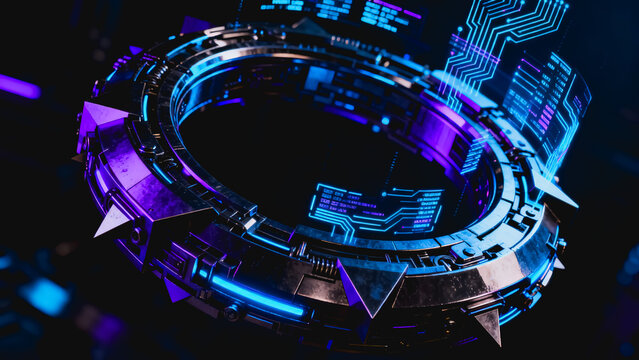 This 3D rendered sci-fi tech features a circular glowing portal with circuit patterns, neon blue and purple lighting, and industrial metallic details against a dark background.