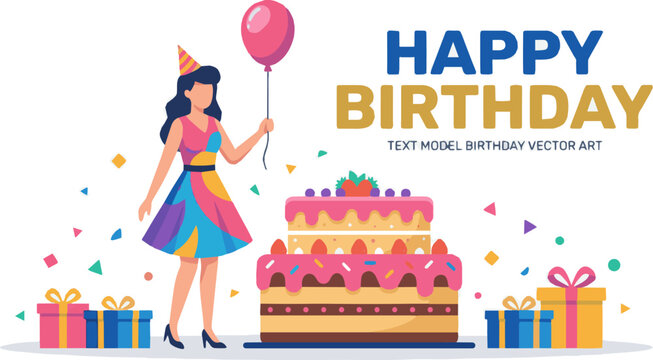 Generate a realistic Happy Birthday, Text, Model, Birthday vector art with white background..