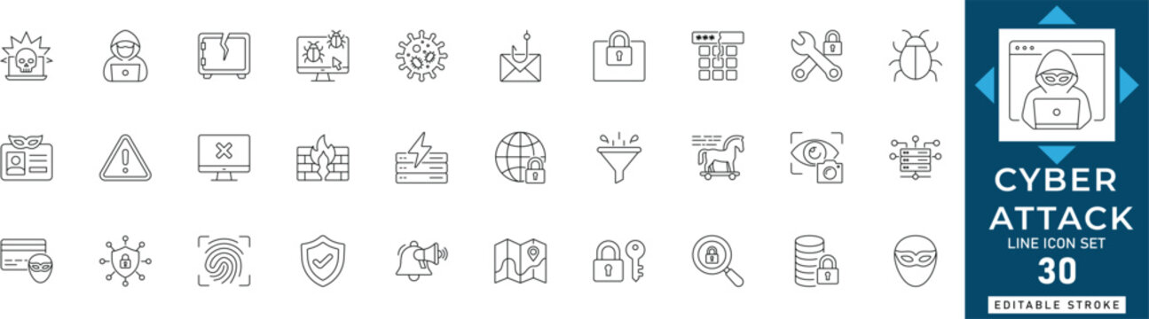 Cyber attack line icon set featuring hacker, data breach, malware, phishing, security threat, virus, ransomware. Professional editable vector illustration for security dashboard and UI UX design.
