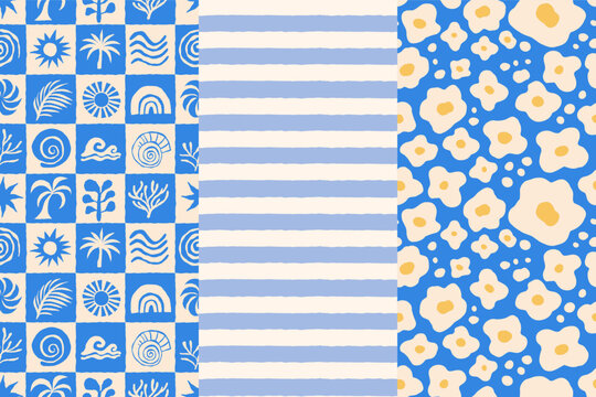 Vector hand drawn seamless patterns set in naive abstract art style with sketchy wavy and groovy shapes, flowers, dopamine cottage core aesthetic, summer backgrounds, surface print design
