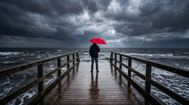 Person stands on a wooden pier holding a red umbrella facing the dark ocean and stormy sky with heavy clouds during a rainstorm