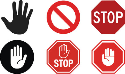 Fototapeta premium Collection of six stop and prohibition icons including hand symbols, red octagons, and warning signs, perfect for safety, caution, and regulatory graphic design projects
