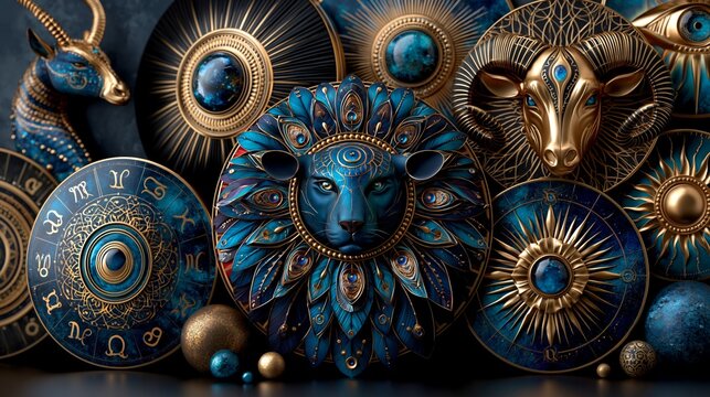 This mystical composition, featuring golden zodiac symbols and animals against a blue background, provides an enigmatic backdrop for themes relating to astrology, esotericism and ancient knowledge.