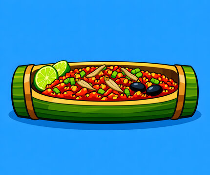Sambal totok cili hutan traditional Malaysian indigenous native chili paste with anchovies in bamboo tray vector illustration