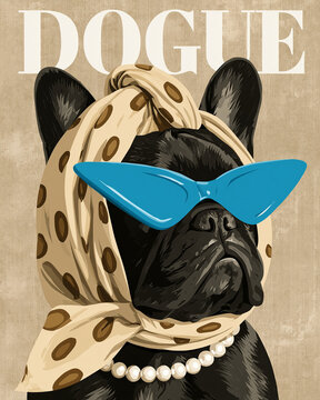 a stylized illustration of a black french bulldog featured prominently on a faux magazine cover titled "dogue".
