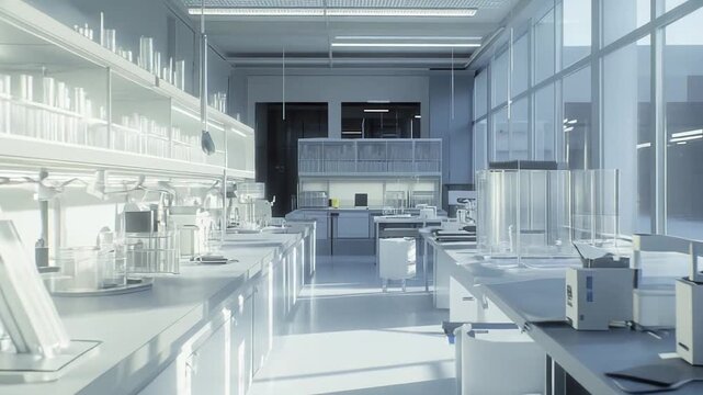 Bright, clean laboratory interior featuring a range of scientific equipment, test tubes, and glassware on countertops, portraying an environment for medical discovery and technological advancement