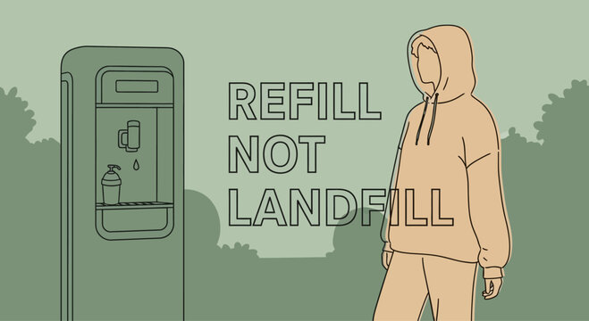 A person stands beside a public water refill station with the text Refill Not Landfill.