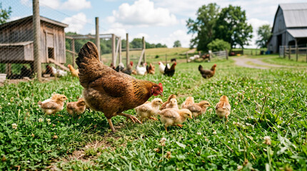Brown hen with chicks walking in grassy farmyard with wooden coop © zohair