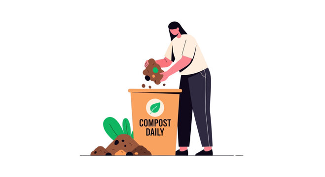 A woman putting organic waste into a compost bin for sustainable recycling.